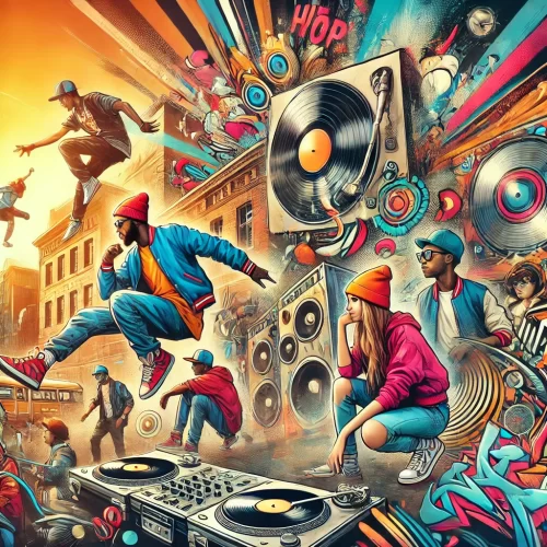 Müzik: Hip Hop müziği, rap, DJ’lik ve beat üretimi ile karakterizedir. Rap, hızlı ve ritmik bir şekilde söylenen sözlerdir. DJ’ler ise, çeşitli müzik parçalarını birleştirerek yeni sesler yaratmaktadır.