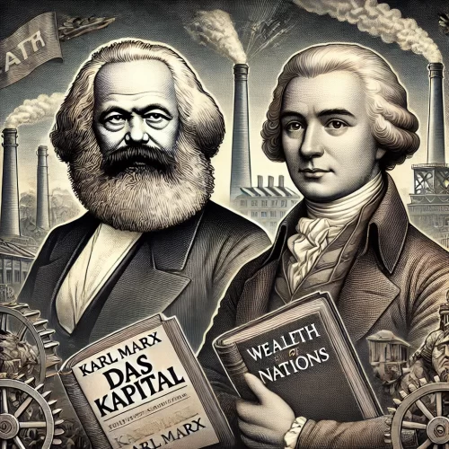 Karl Marx’ın fikirleri, dönemin birçok düşünürü ve teorisyeniyle paralellikler gösterse de önemli farklılıklar içerir. Aşağıda Marx'ın görüşlerini, Adam Smith, Hegel, Nietzsche ve Max Weber gibi önemli isimlerin fikirleriyle karşılaştıracağız.